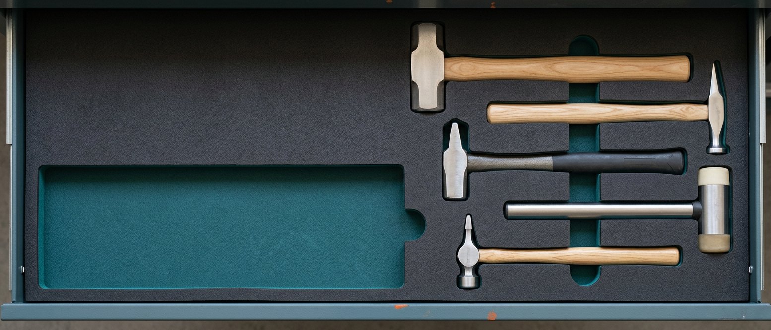 Draufsicht auf eine geöffnete Werkzeugschublade, in deren dunkler Schaumstoffeinlage mehrere Hämmer verschiedener Formen in passenden Aussparungen liegen