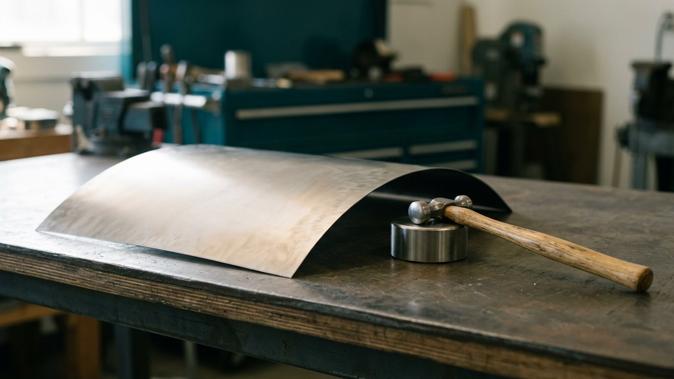 Werkbank für Blecharbeiten mit einem gewölbten Blechstück, einem Gegenhalter und einem schlanken Ausbeulhammer
