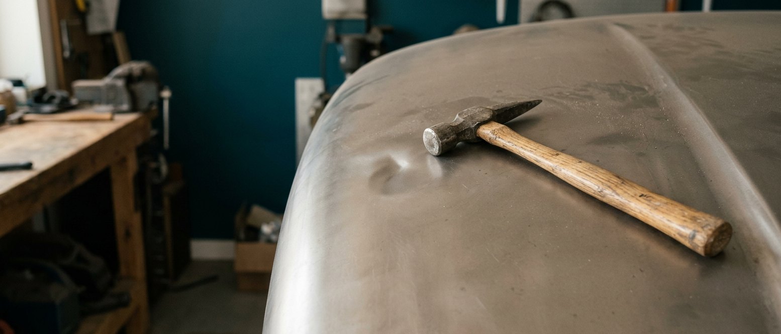 Spitzhammer für Karosseriearbeiten auf einem blanken Stahlblech mit flacher Delle