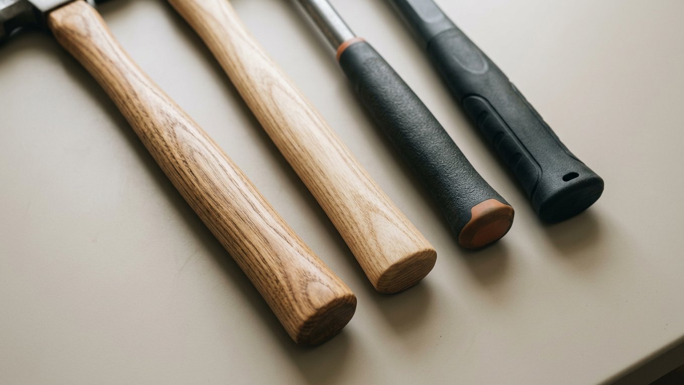 Nahaufnahme verschiedener Hammerstiele aus Hickoryholz, Eschenholz, Stahlrohr und Fiberglas nebeneinander