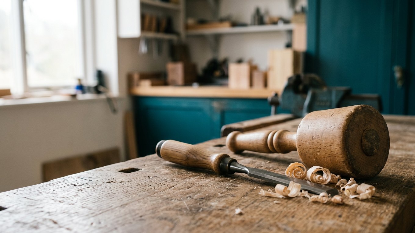 Holzfäustel aus Buche neben einem Stechbeitel und Hobelspänen auf einer Eichenwerkbank