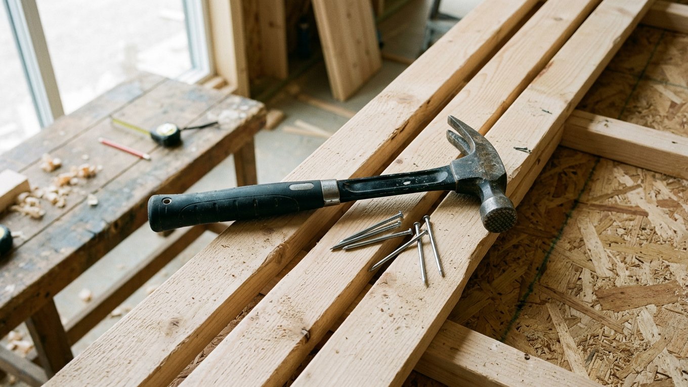 Latthammer mit Stahlrohrstiel quer über Dachlatten mit Nägeln