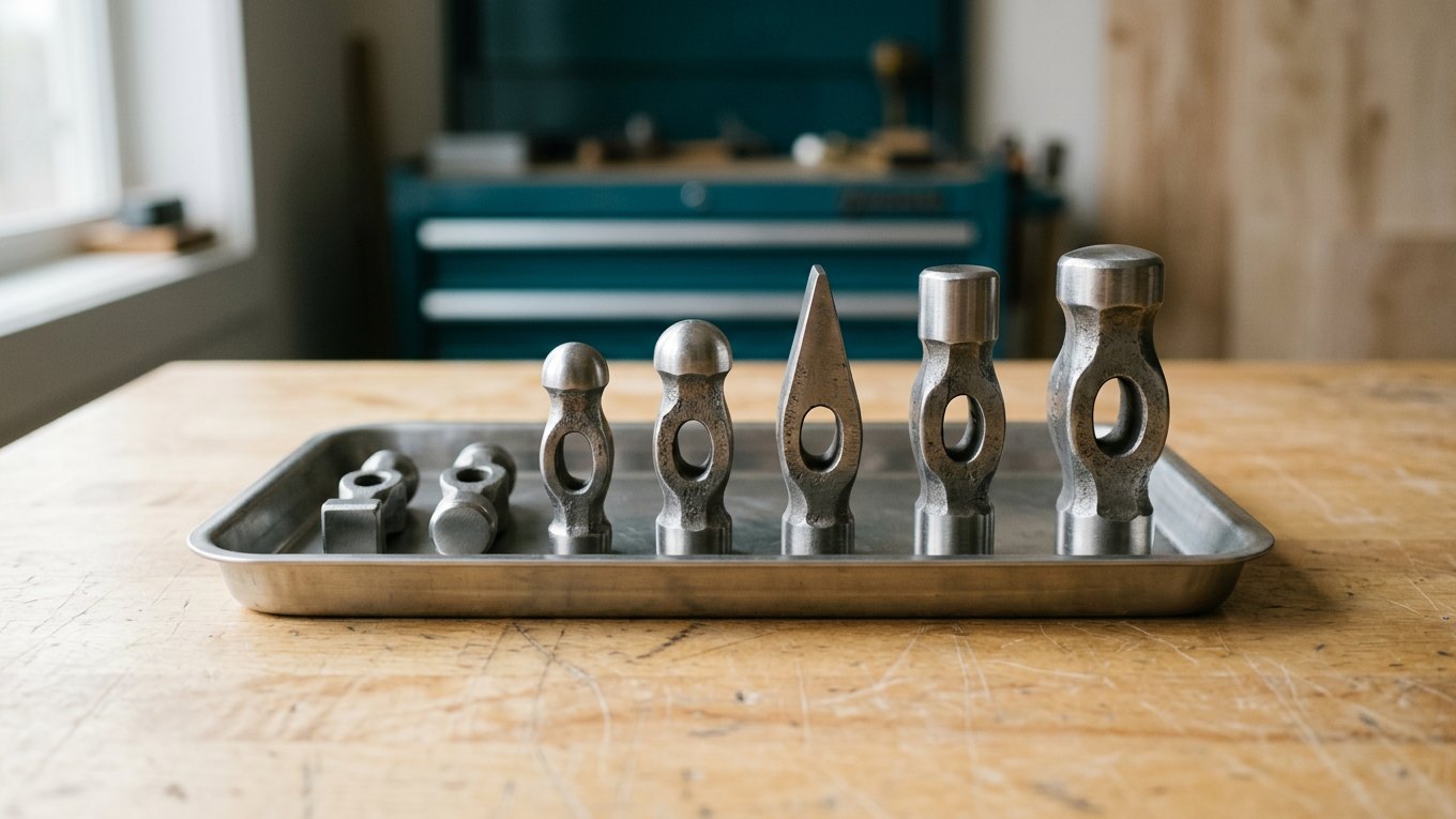 Mehrere geschmiedete Hammerköpfe ohne Stiel liegen in Reihe in einer flachen Stahlschale auf einer Werkbank