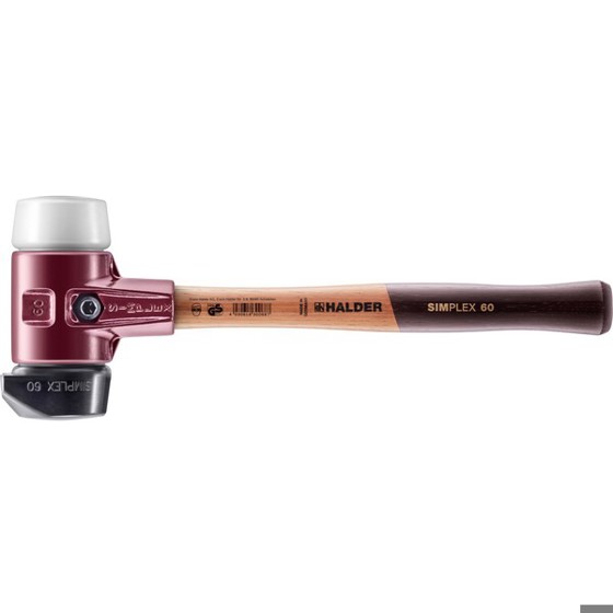 SIMPLEX-Schonhammer D60 mm mit Standfuß, Gummikomposition / Superplastik, Tempergussgehäuse, Holzstiel (3027.260)