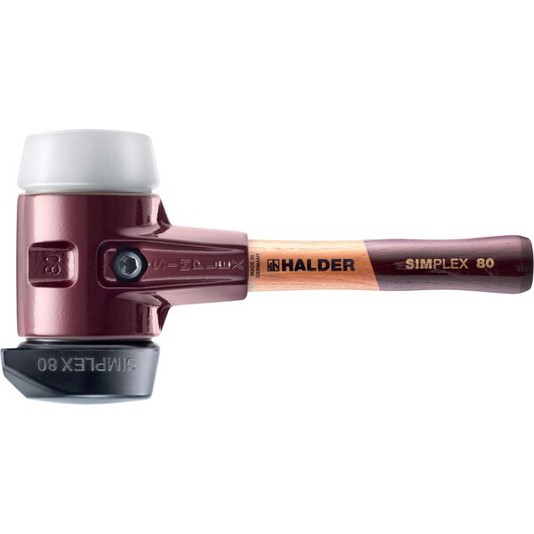 SIMPLEX-Schonhammer D80 mm mit Standfuß, extra kurzer Holzstiel, Gummikomposition/Superplastik, Tempergussgehäuse (3027.282)