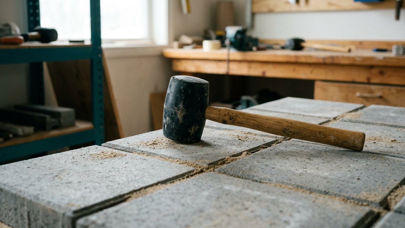 Gummischonhammer auf frisch verlegten Pflastersteinen im Sandbett